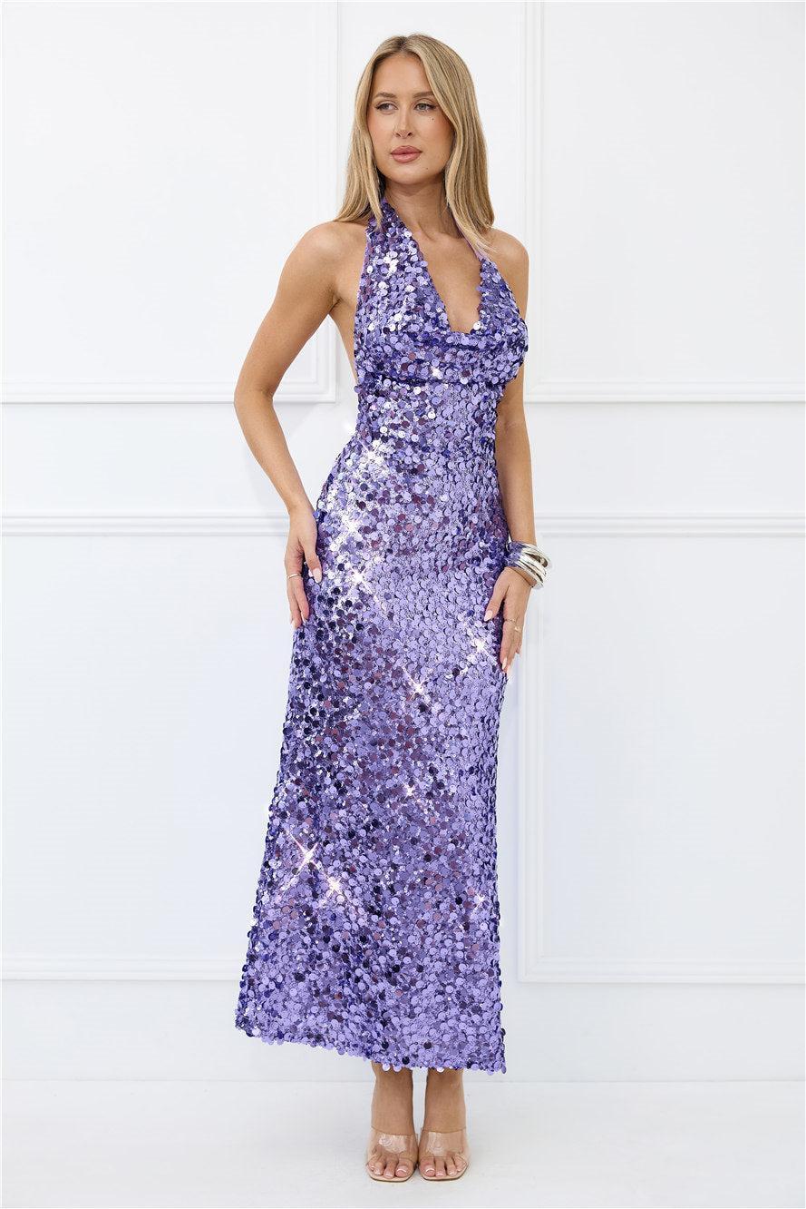 Shimmer Dreams Halter Sequin Maxi Dress Purple Product Image