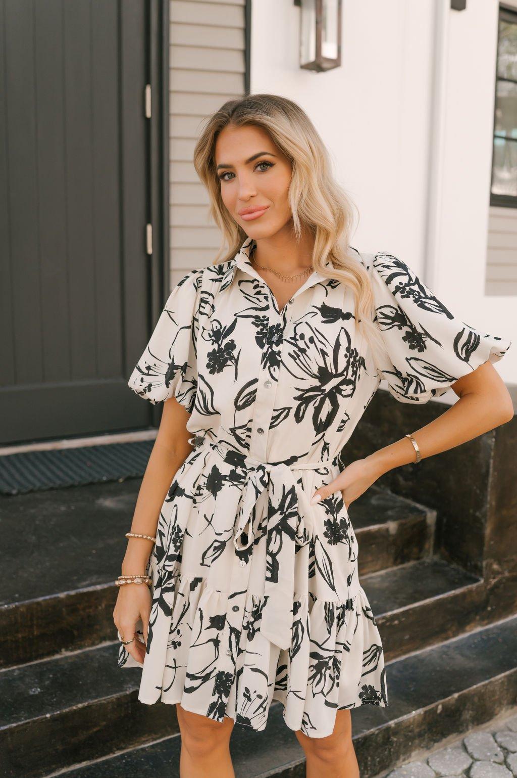 Ivory Puff Sleeve Print Mini Dress Product Image
