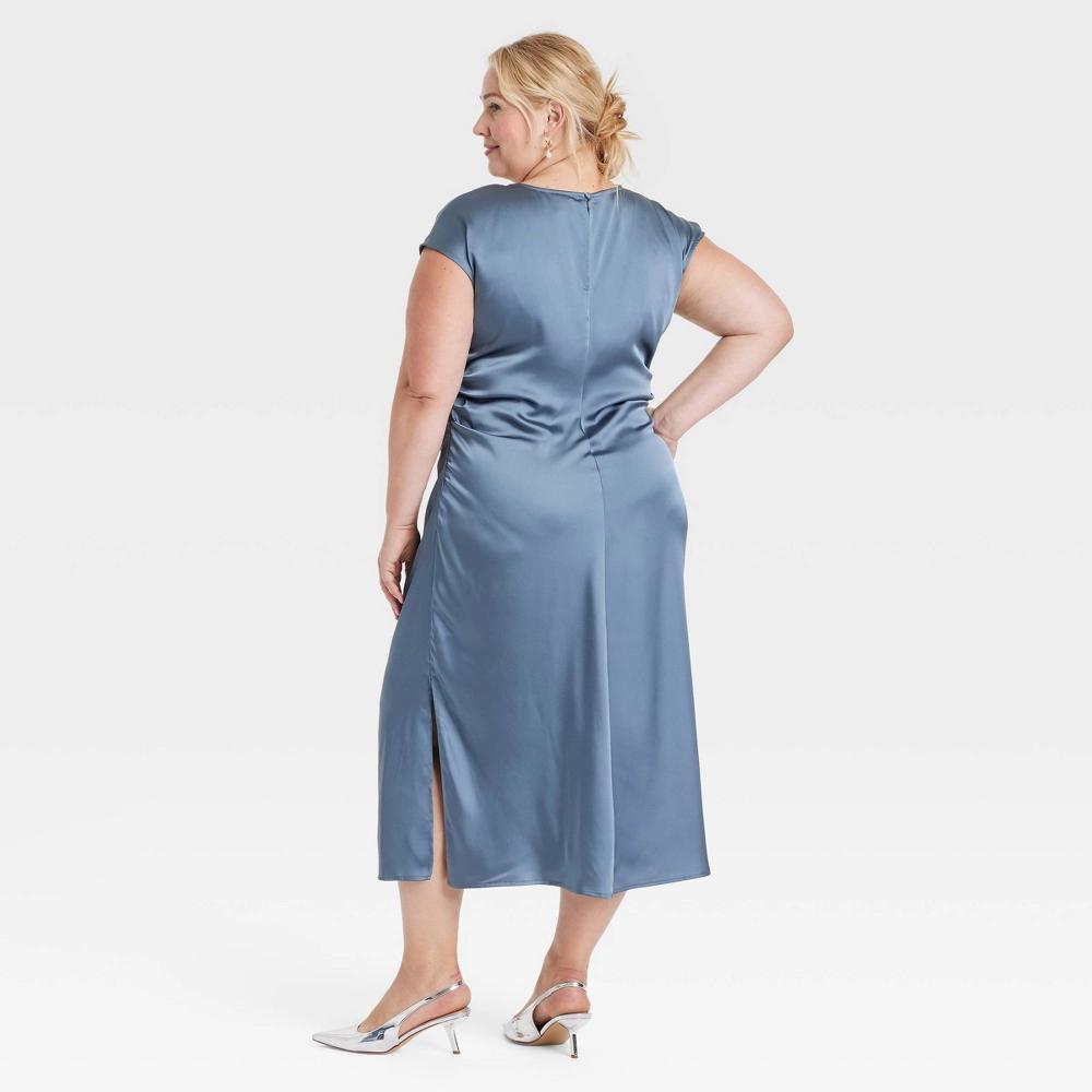 Womens Short Sleeve Ruched Midi Shift Dress - A New Day Blue 2X Product Image