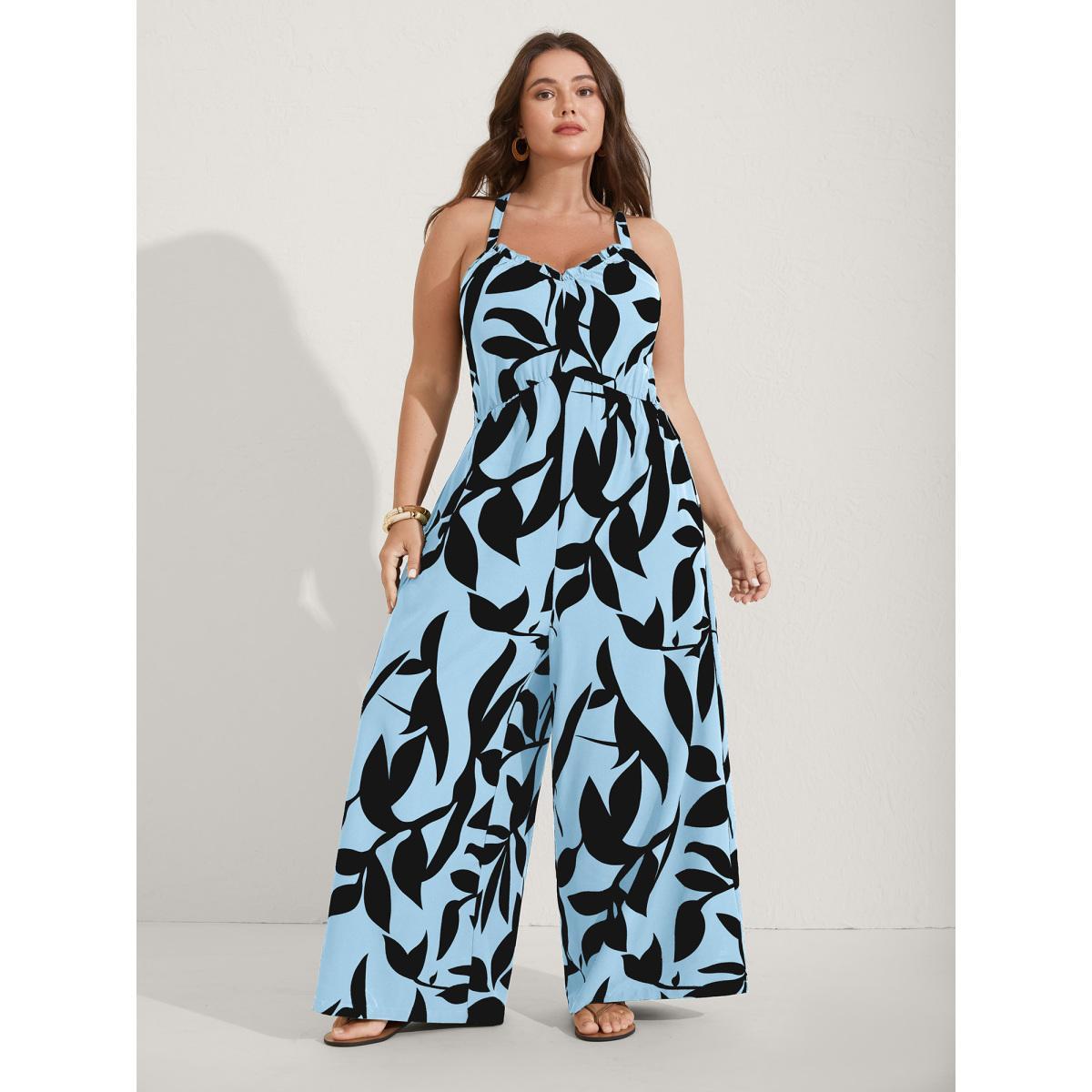 Plus Size LightBlue Silhouette Floral Print Sweetheart Jumpsuit Women Sleeveless V-neck Everyday-Elegant Loose Jumpsuits BloomChic 14-16/1X Product Image