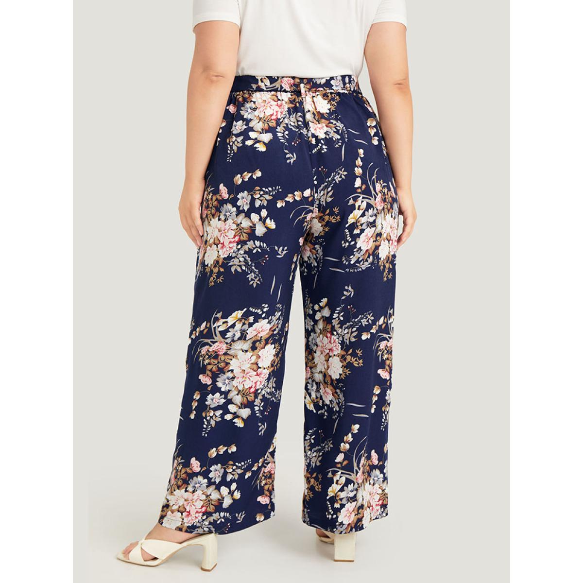 Plus Size Floral Pocket High Rise Wide Leg Belt Pants Women Indigo Elegant Loose High Rise Dailywear Pants BloomChic 12/L Product Image