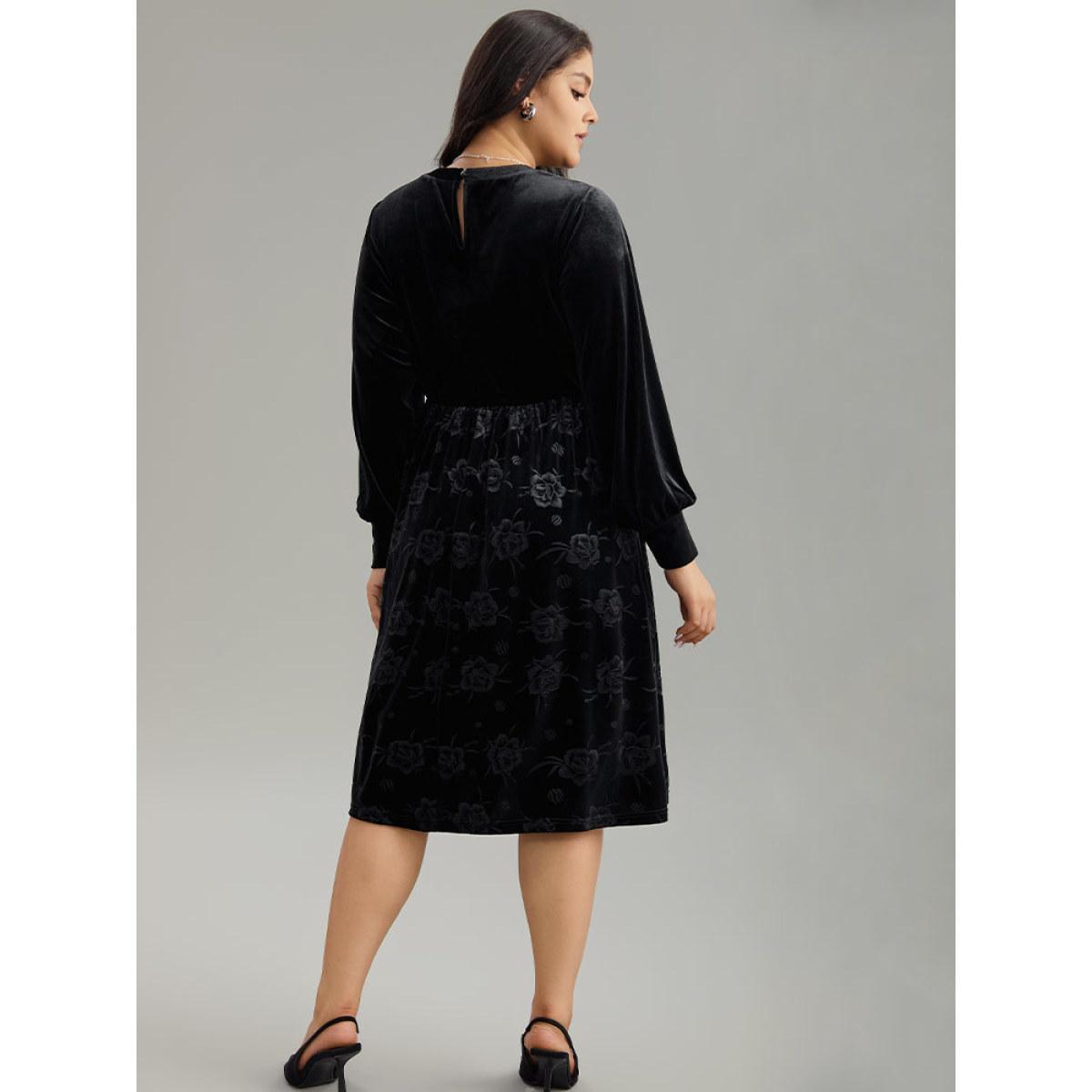 Plus Size Solid Velvet Button Detail Pocket Dress Black Women Office Plain Round Neck Long Sleeve Curvy Midi Dress BloomChic 22-24/3X Product Image