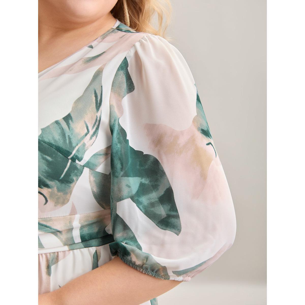 Plus Size Sheer Chiffon Shirred Pockets Midi Dress Malachitegreen Women Resort Gathered V-neck Elbow-length sleeve Curvy BloomChic 14-16/1X Product Image