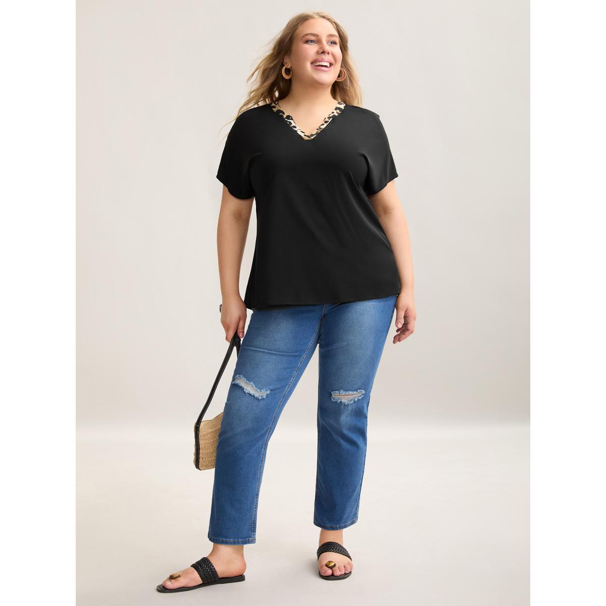 Plus Size Black Leopard Print Spliced Plain Blouse Women Resort Sleeveless Non Vacation Blouses BloomChic 12/L Product Image