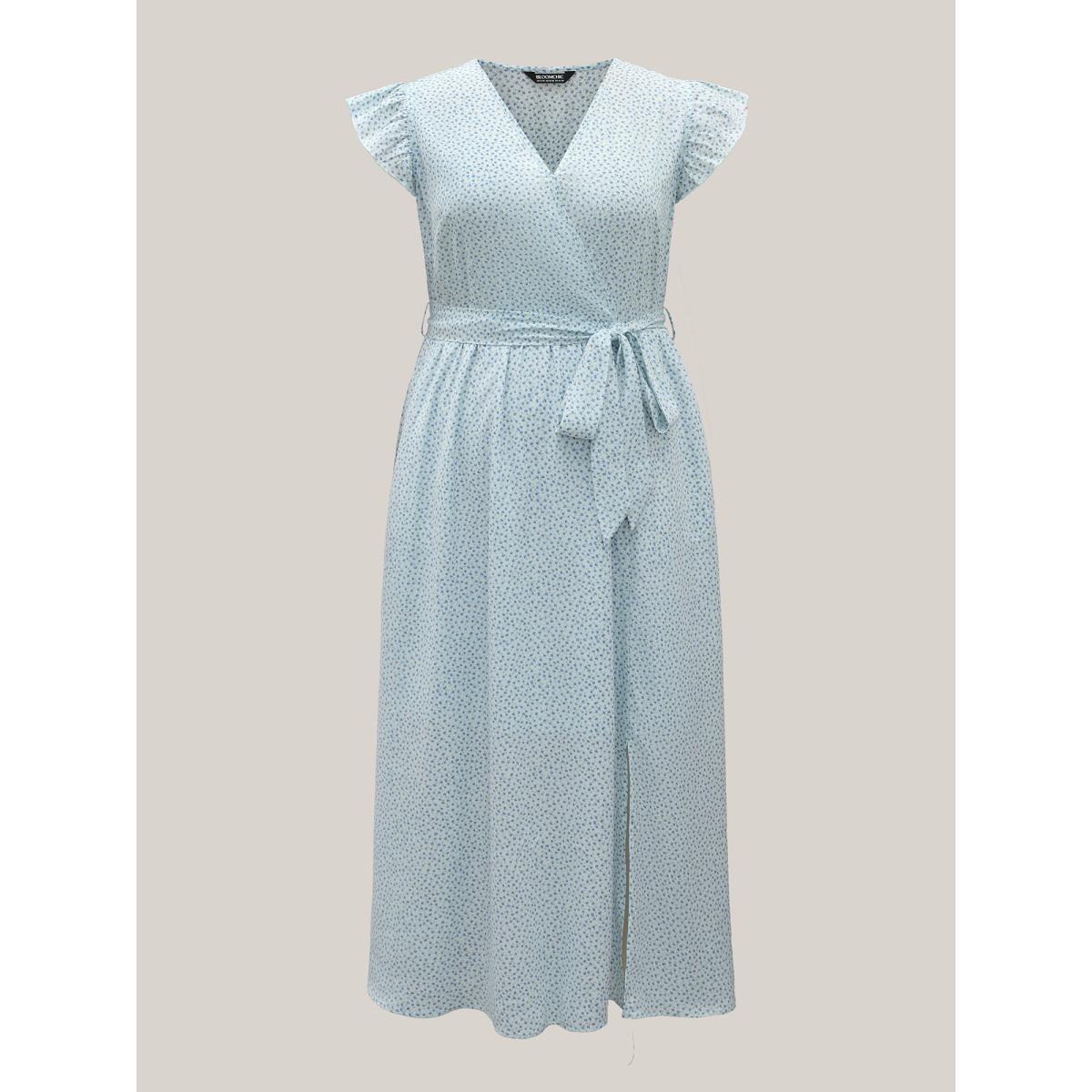 Plus Size Floral Print Slit Belted Maxi Dress LightBlue Women Overlap Collar Cap Sleeve Curvy BloomChic 22-24/3X Product Image
