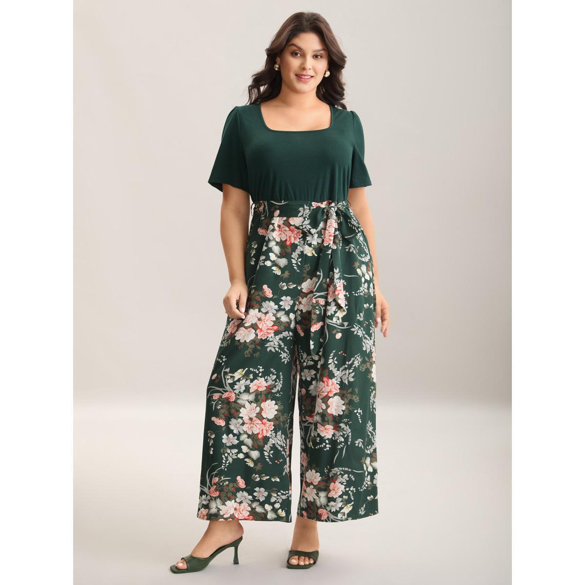Plus Size DarkGreen Color Contrast Belted Panel Pockets Jumpsuit Women Elegant Short sleeve Square Neck Everyday-Elegant Loose Jumpsuits BloomChic 14-16/1X Product Image