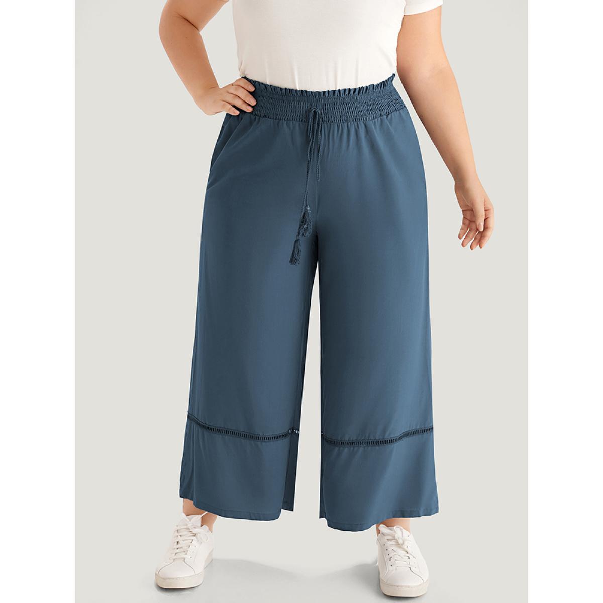 Plus Size Solid Shirred Bowknot Paperbag Waist Patchwork Pants Women Aegean Casual Straight Leg High Rise Dailywear Pants BloomChic 22-24/3X Product Image