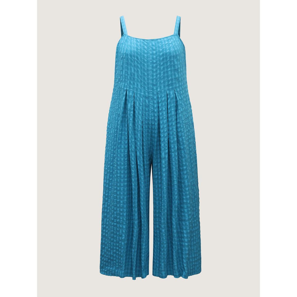 Plus Size Cerulean Textured Plaid Pleated Cami Jumpsuit Women Sleeveless Square Neck Everyday-Casual Loose Jumpsuits BloomChic 28/5X Product Image