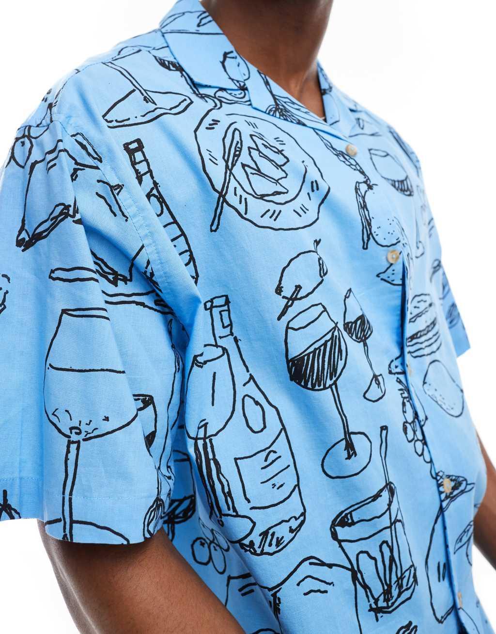 ASOS DESIGN oversized camp collar shirt with dining scene print in blue Product Image