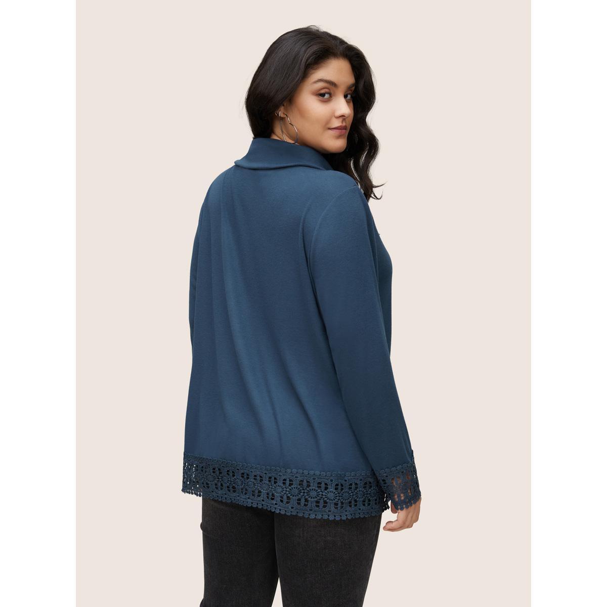 Plus Size Plain Lace Patchwork Lapel Collar Drawstring T-shirt Indigo Women Casual Plain Plain Lapel Collar Dailywear T-shirts BloomChic 28/5X Product Image