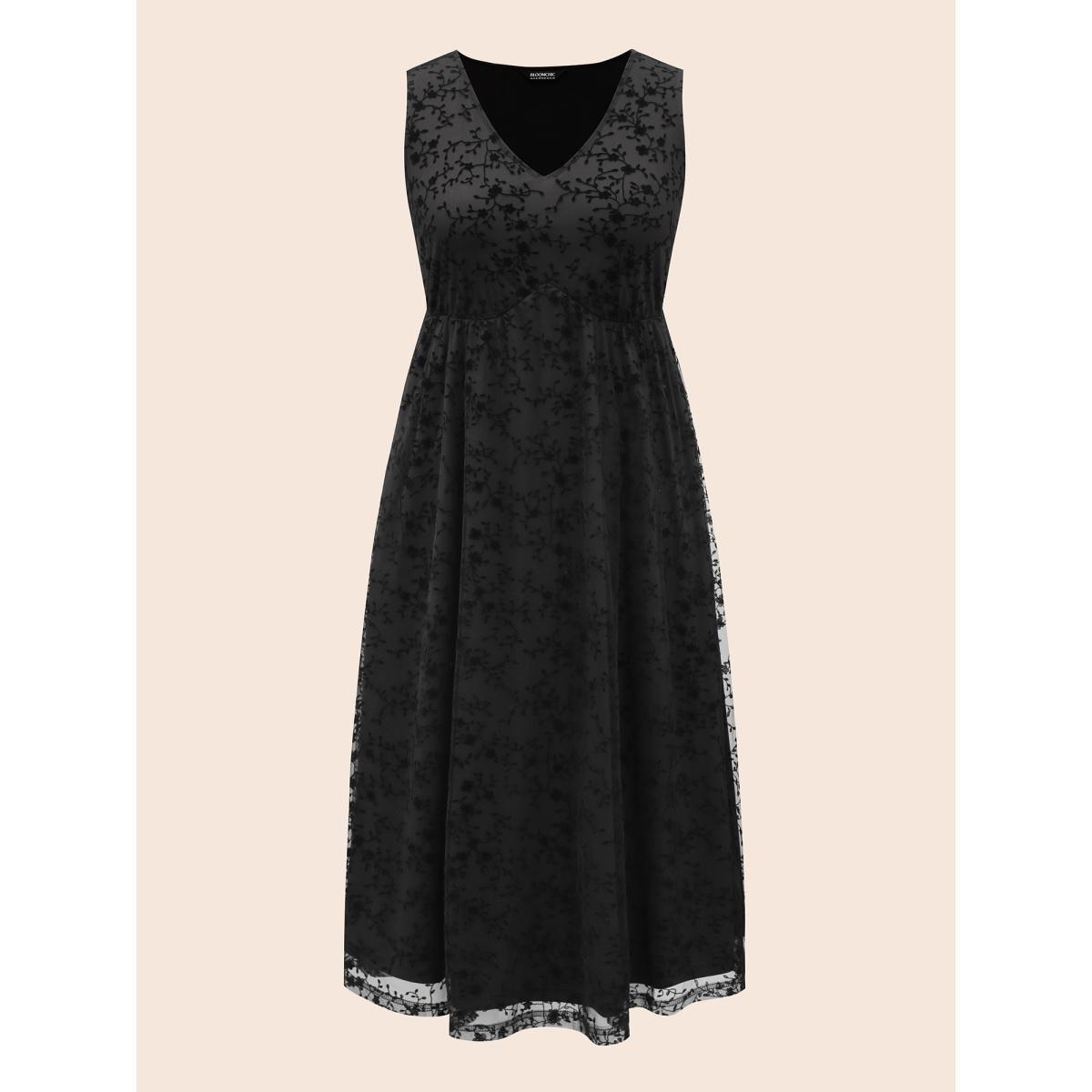 Plus Size Floral Flocking Mesh Sleeveless Dress Black Women Elegant Texture V-neck Sleeveless Curvy BloomChic 18-20/2X Product Image