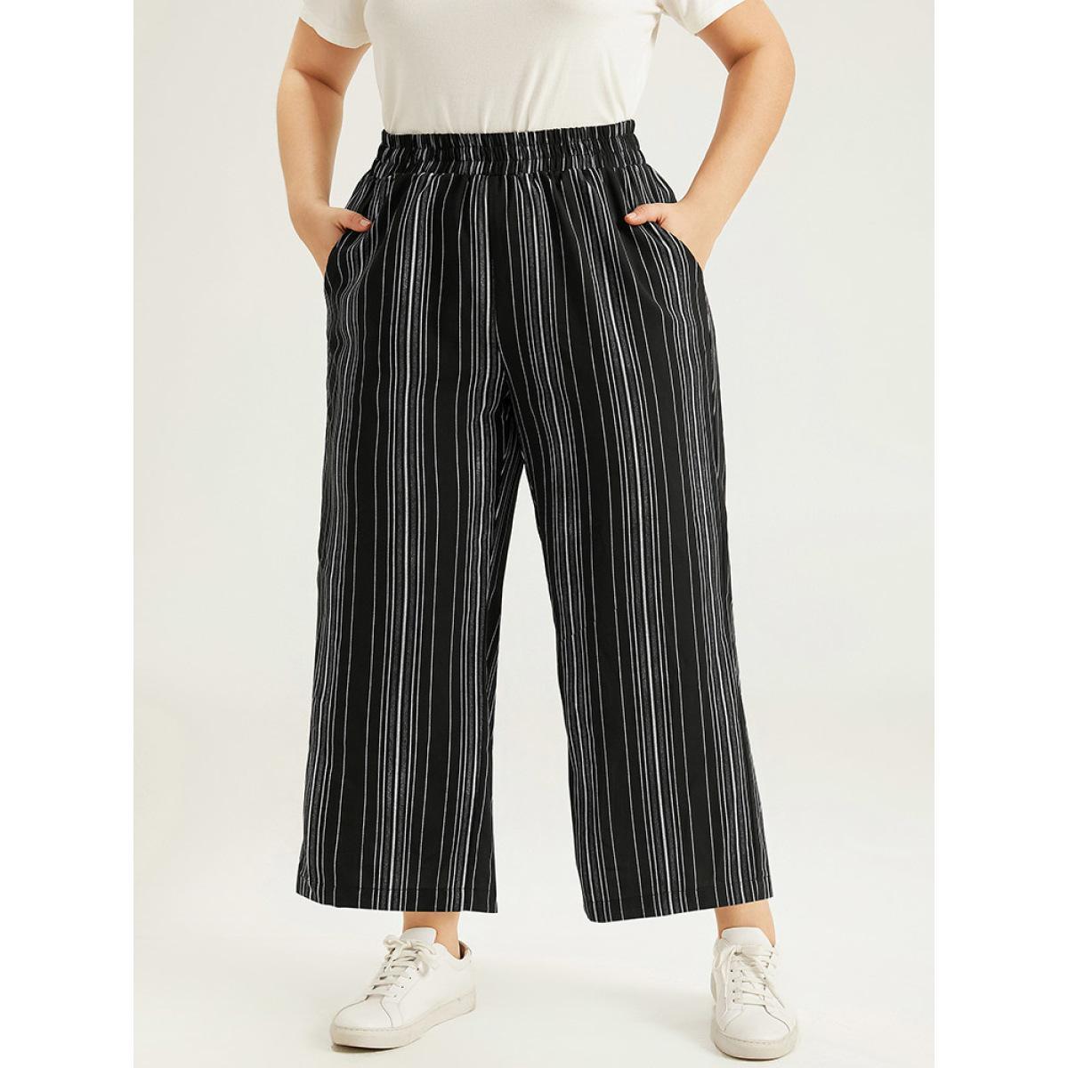 Plus Size Striped Elastic Waist Straight Leg Pants Women Black Casual Straight Leg High Rise Dailywear Pants BloomChic 14-16/1X Product Image