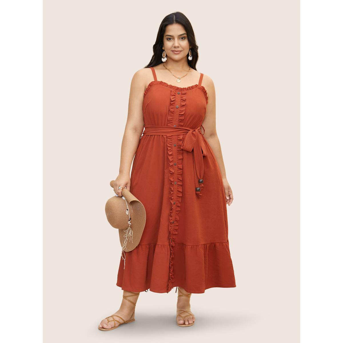 Plus Size Plain Textured Frill Trim Button Detail Dress Russet Women Resort Frill Trim Heart neckline Sleeveless Curvy BloomChic 30/6X Product Image