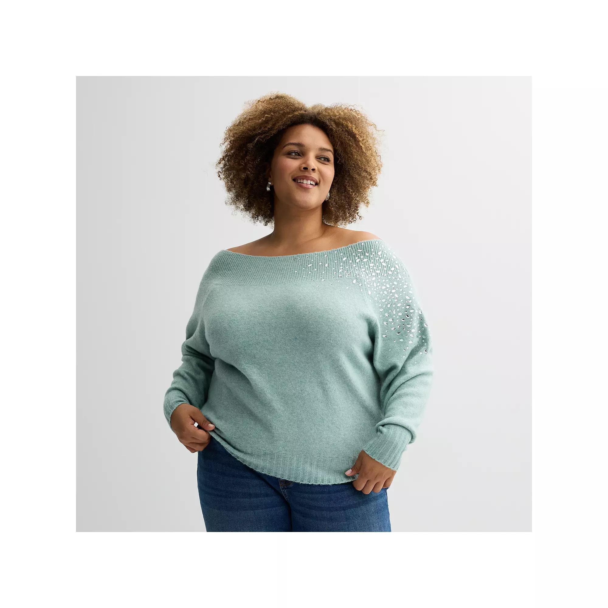 Plus Size Nine West Off-The-Shoulder Shine Sweater, Women's, Size: 2XL, Camel Product Image