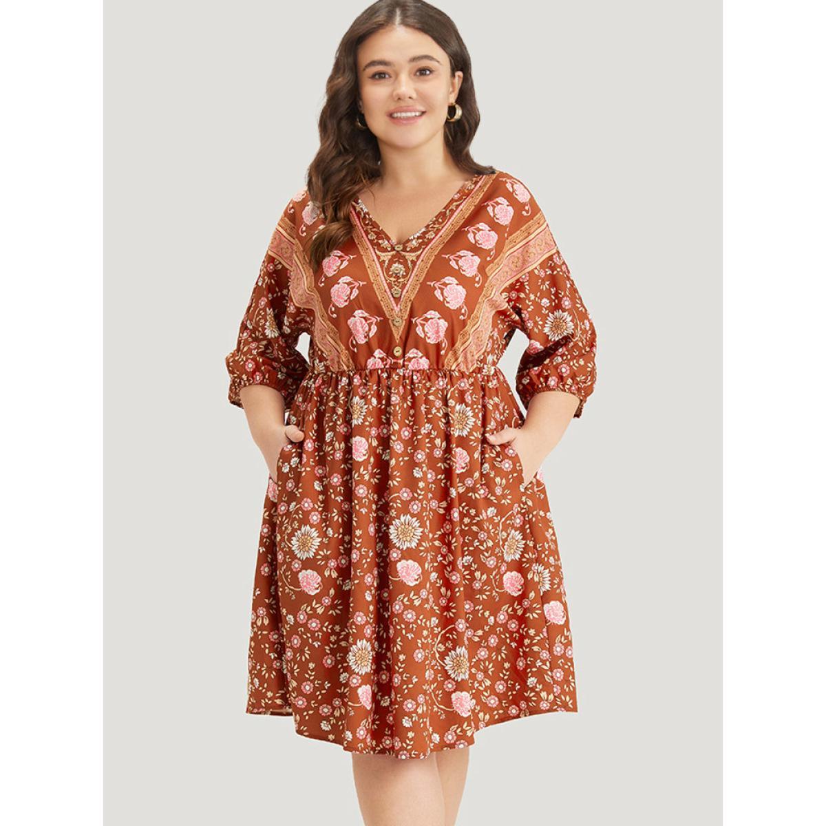 Plus Size Floral Print Elastic Cuffs Button Detail Dress Rust Women Vacation Elastic cuffs V-neck Half Sleeve Curvy Midi Dress BloomChic 26/4X Product Image