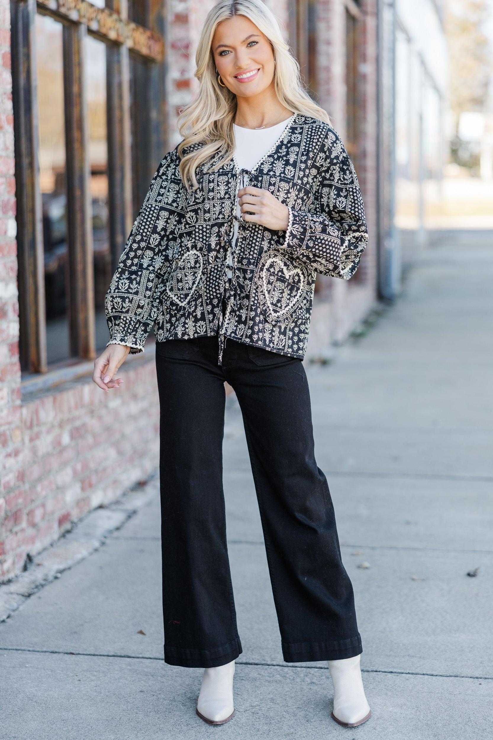 Feeling The Best Black Floral Tied Front Jacket Female Product Image
