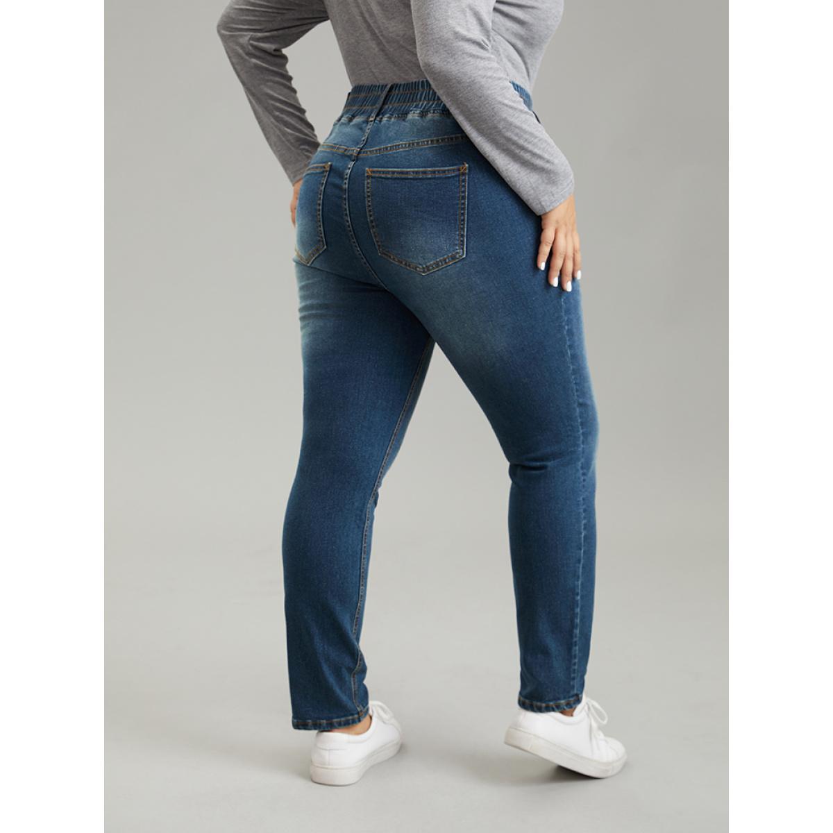 Plus Size Elastic Waist Button Detail Skinny Medium Wash Jeans Women Indigo Casual Plain Plain High stretch Pocket Jeans BloomChic 24/3X Product Image