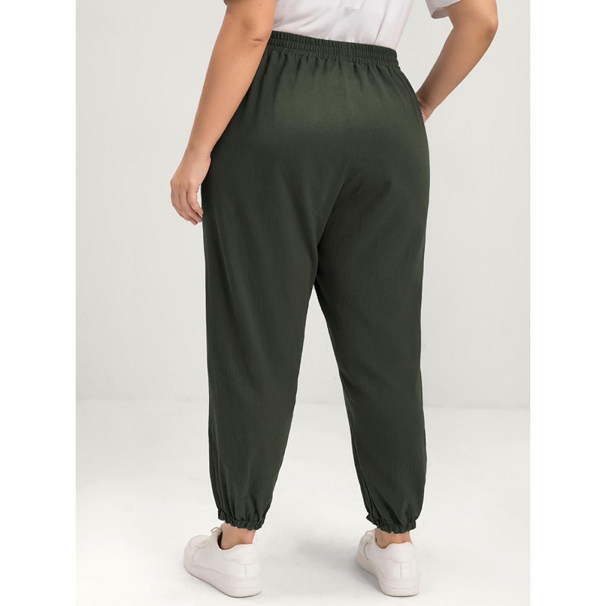 Plus Size Solid Elastic Waist Pocket Pants Women ArmyGreen Casual High Rise Dailywear Pants BloomChic 14-16/1X Product Image