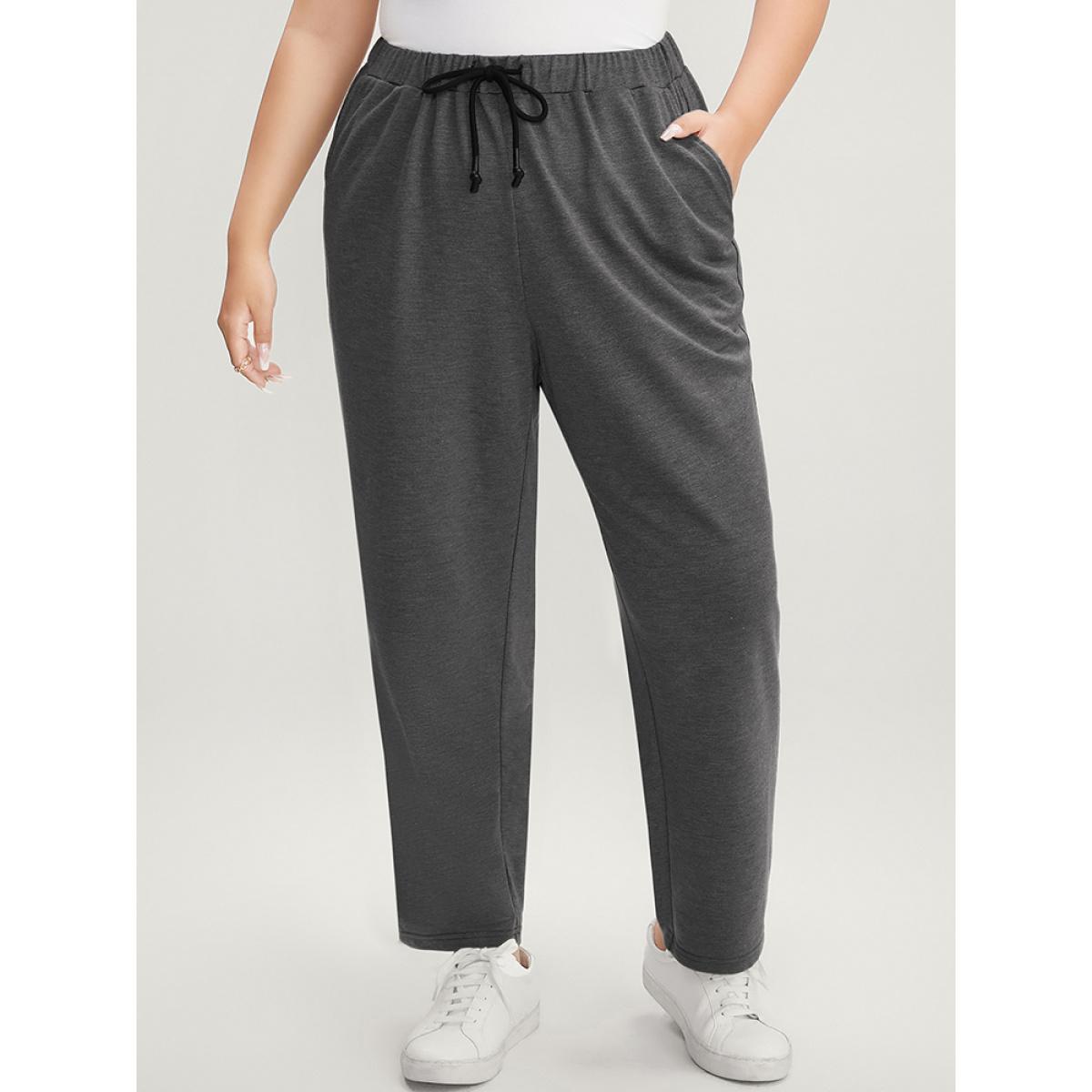 Plus Size Plain Pocket Elastic Waist Ties Front Pants Women Gray Casual Loose High Rise Dailywear Pants BloomChic 10/M Product Image