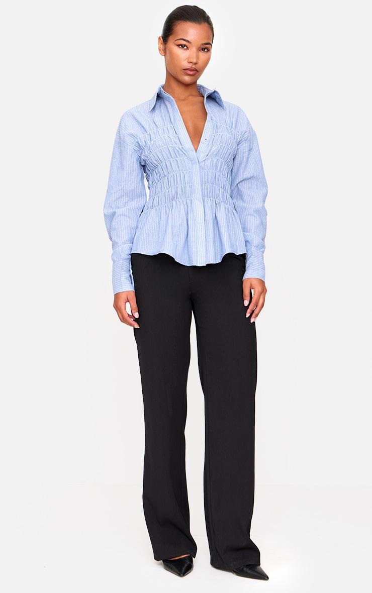 Blue Shirred Striped Fitted Shirt Product Image