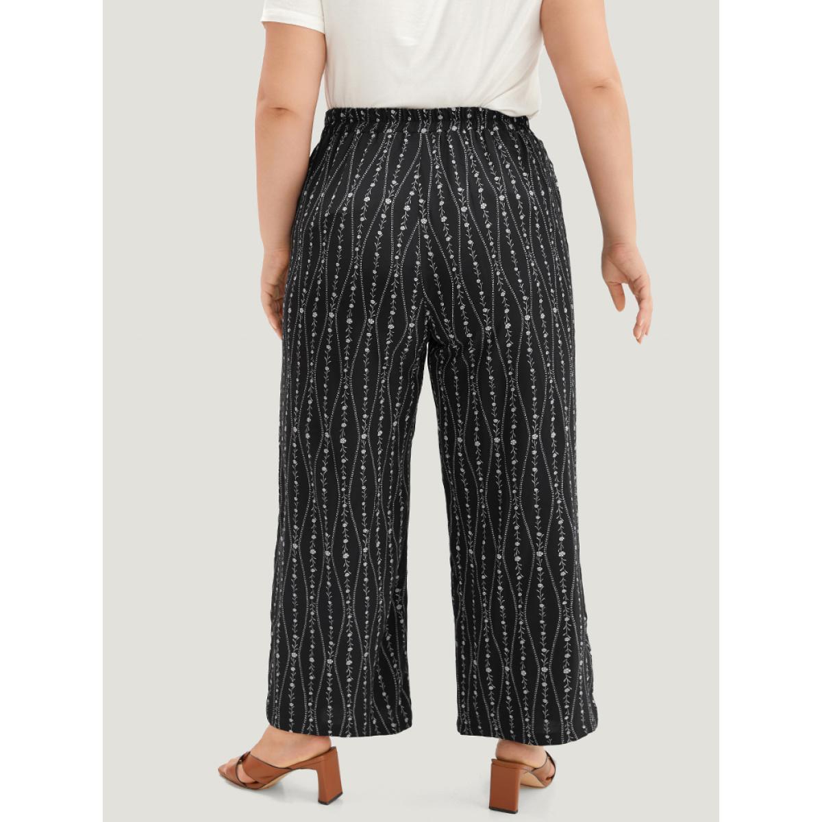Plus Size Striped Ditsy Floral Elastic Waist Pants Women Black Vacation Straight Leg High Rise Dailywear Pants BloomChic 10/M Product Image