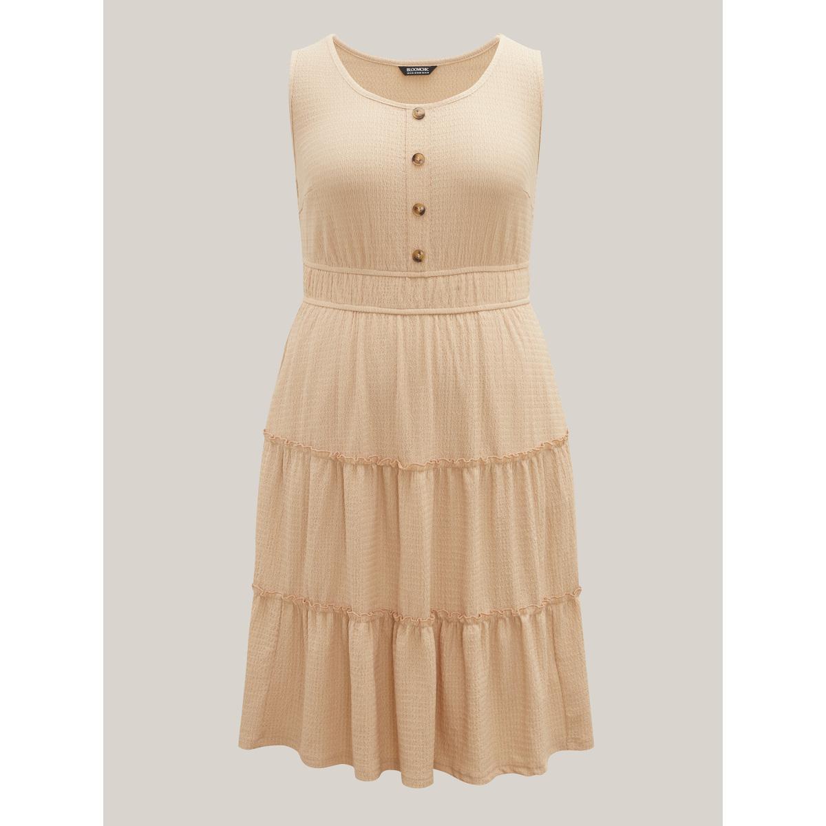 Plus Size Textured Stretchy Waist Button Midi Dress Wheat Women Non Sleeveless Curvy BloomChic 30/6X Product Image