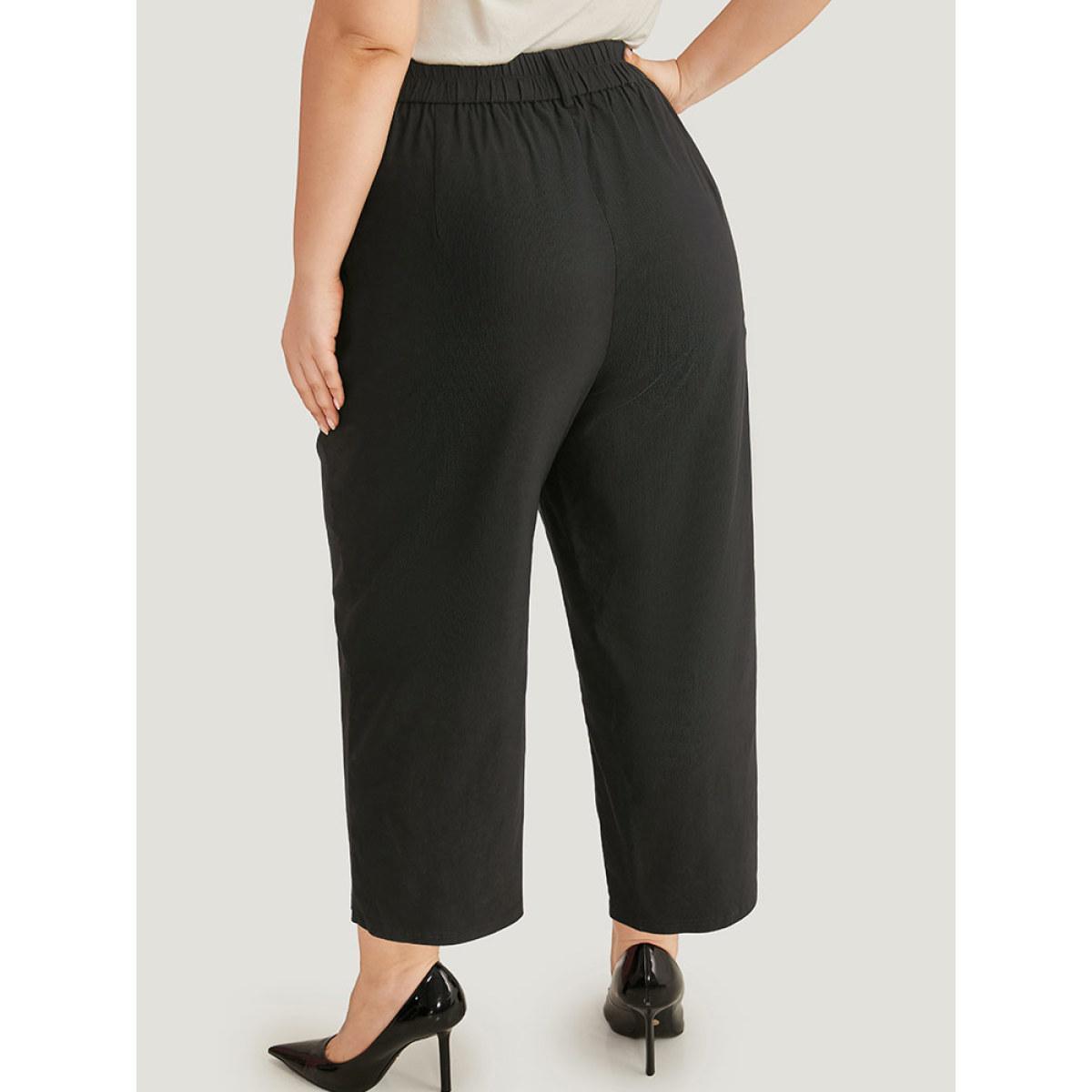 Plus Size Solid Button Up Straight Leg Pants Women Black Workwear Essentials Straight Leg High Rise Work Pants BloomChic 22-24/3X Product Image