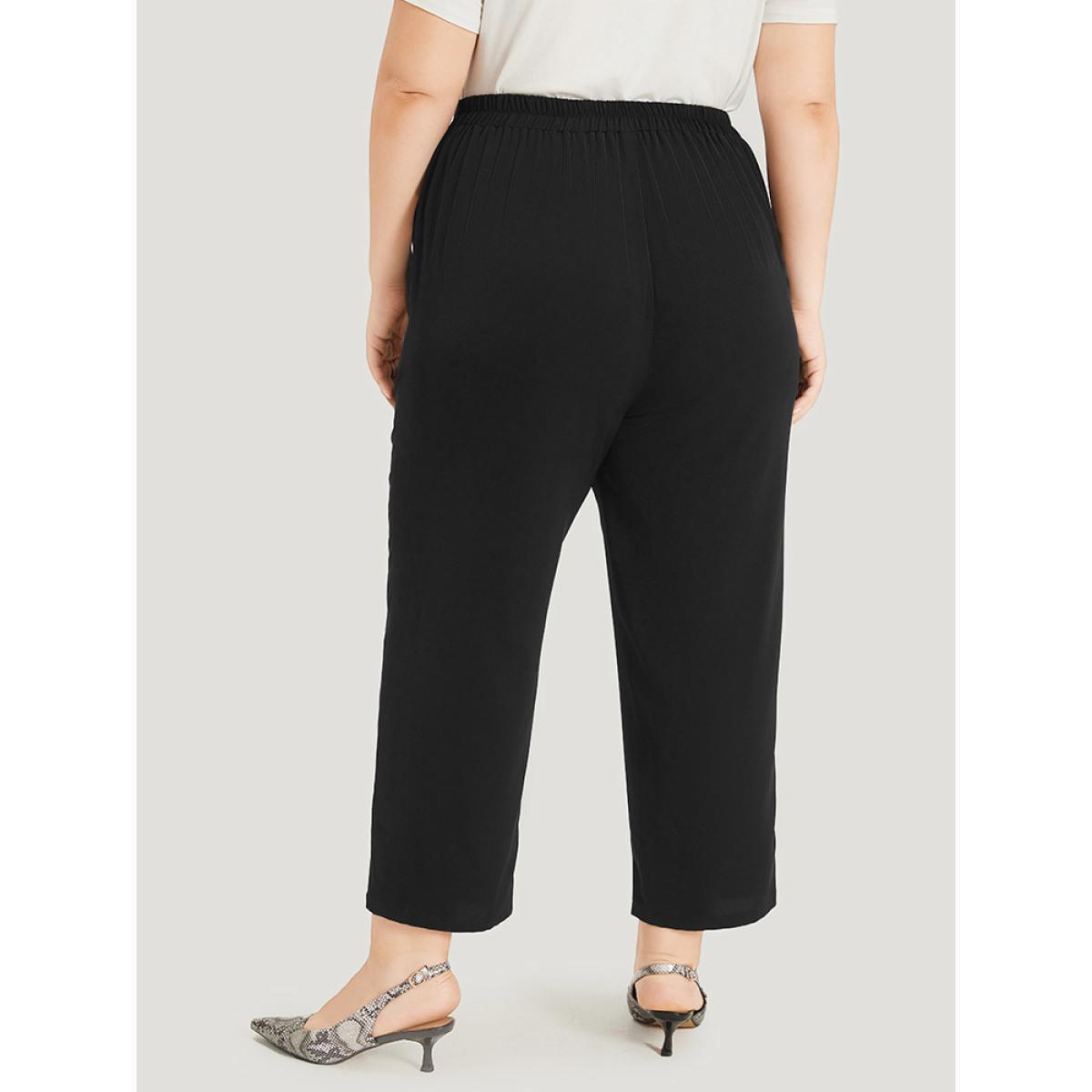 Plus Size Two Tone Seam Detail Pocket Elastic Waist Pants Women Black Office Straight Leg High Rise Work Pants BloomChic 14-16/1X Product Image