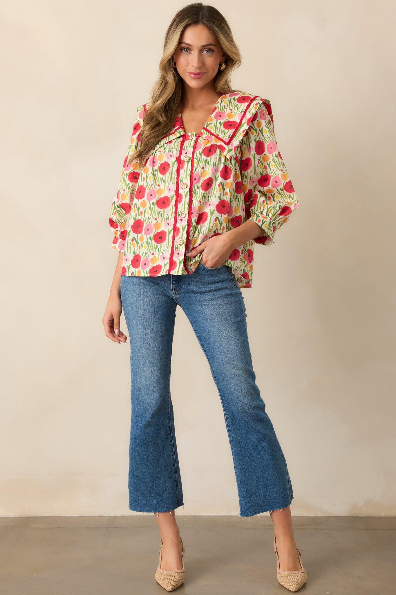 Morning Delight Cotton Red Button Front Blouse Product Image
