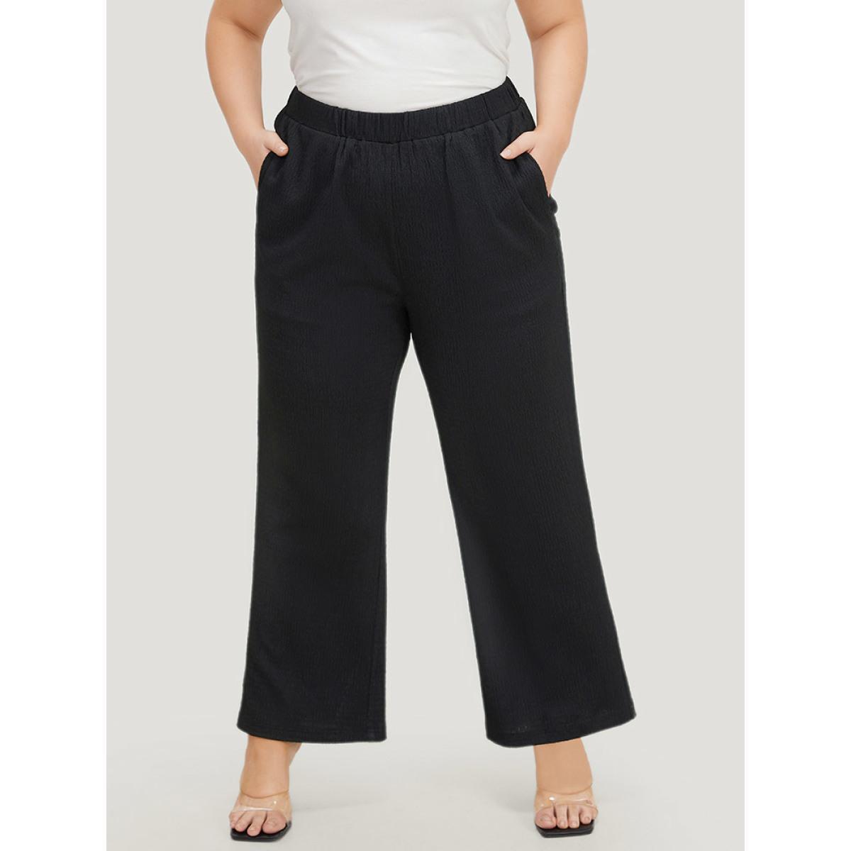 Plus Size Solid Pocket High Rise Elastic Waist Pants Women Black Elegant High Rise Dailywear Pants BloomChic 18-20/2X Product Image