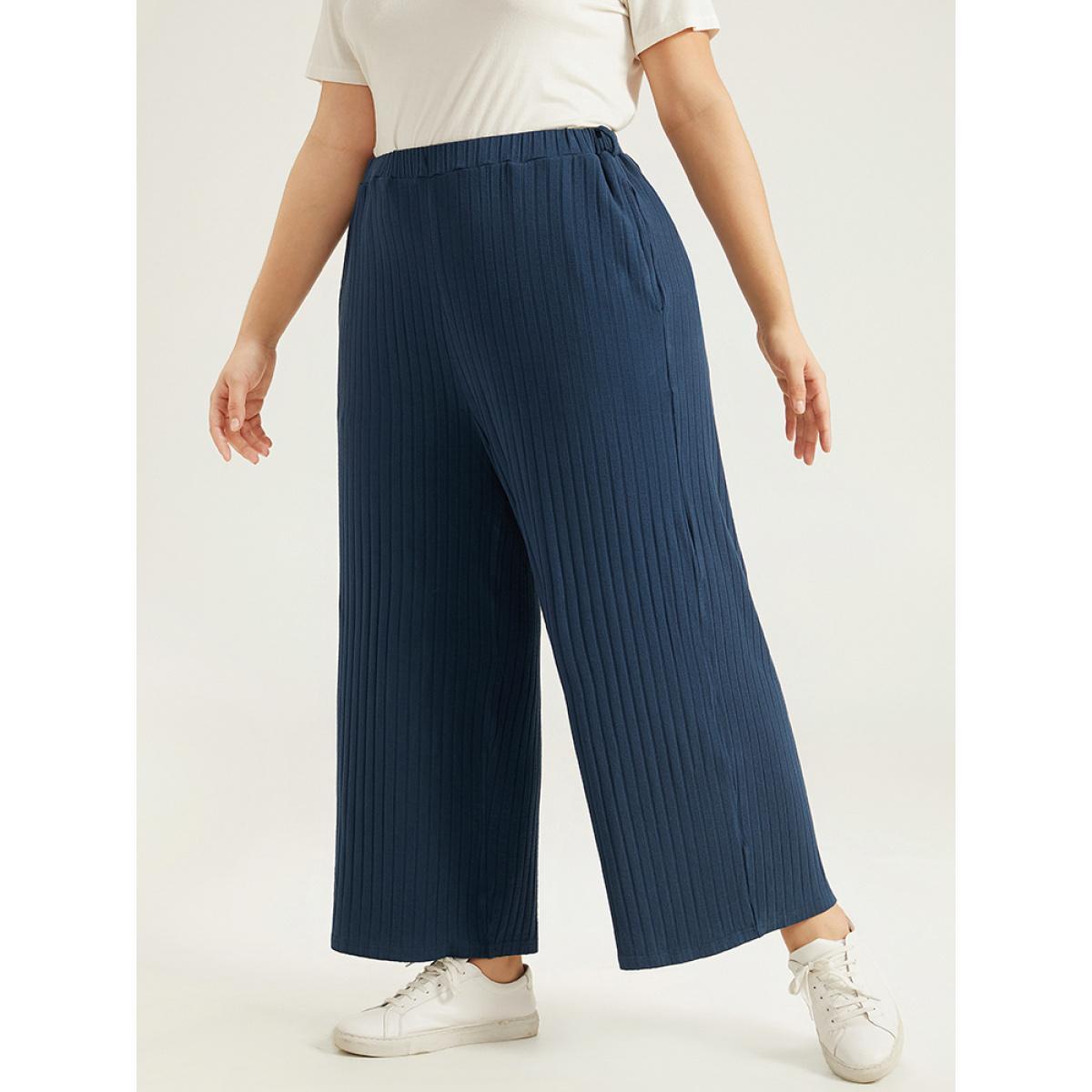 Plain Textured Wide Leg Sweatpants Indigo Plus Size Women Casual Dailywear Texture 18-20/2X Bloomchic Product Image