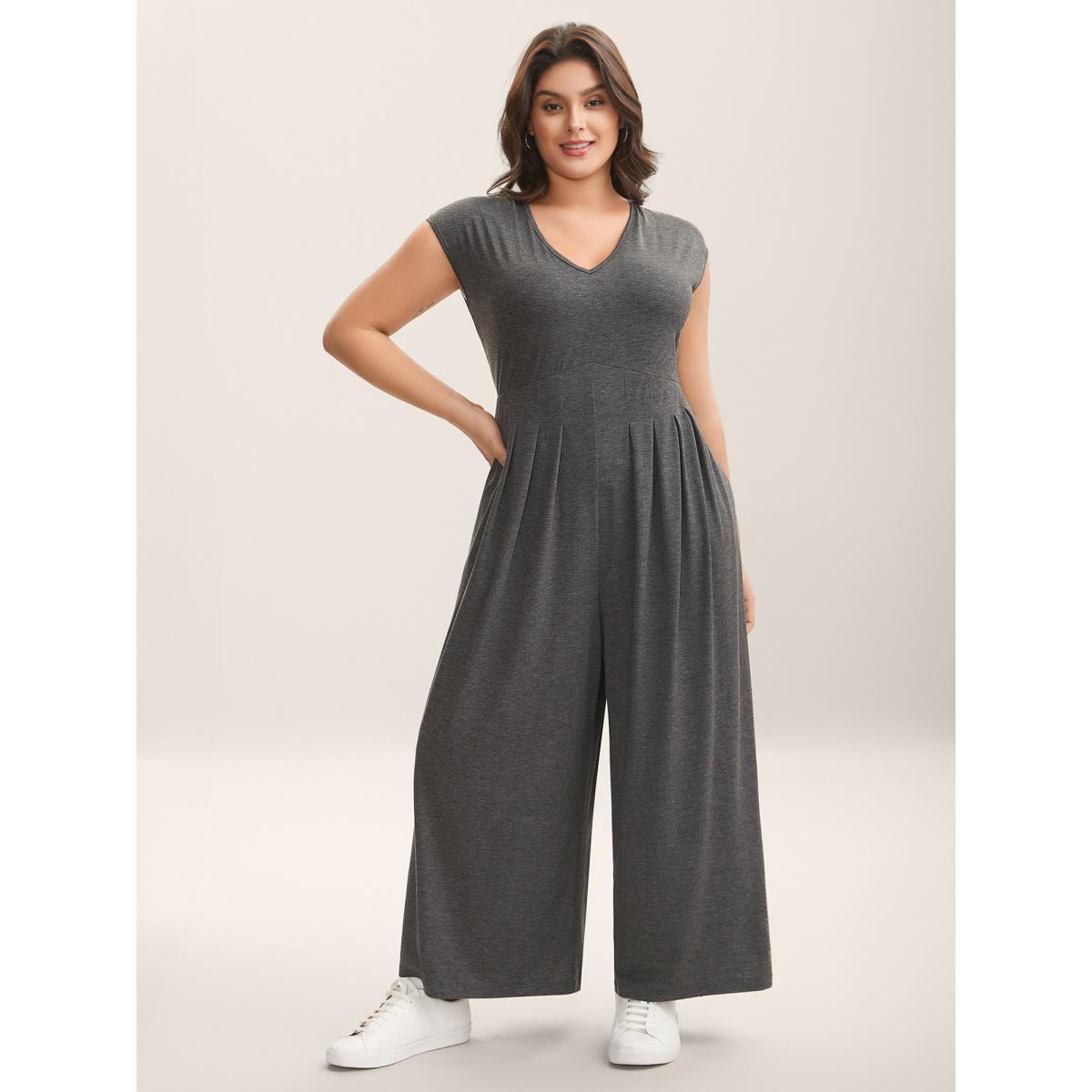 Plus Size DimGray Pleated Waist Pockets Wide-Leg Jumpsuit Women Cap Sleeve V-neck Everyday-Casual Loose Jumpsuits BloomChic 14-16/1X Product Image