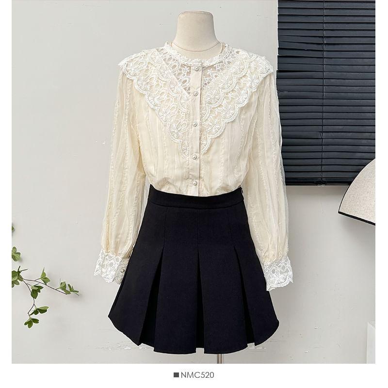 Lace-Panel Round-Neck Shirt Product Image