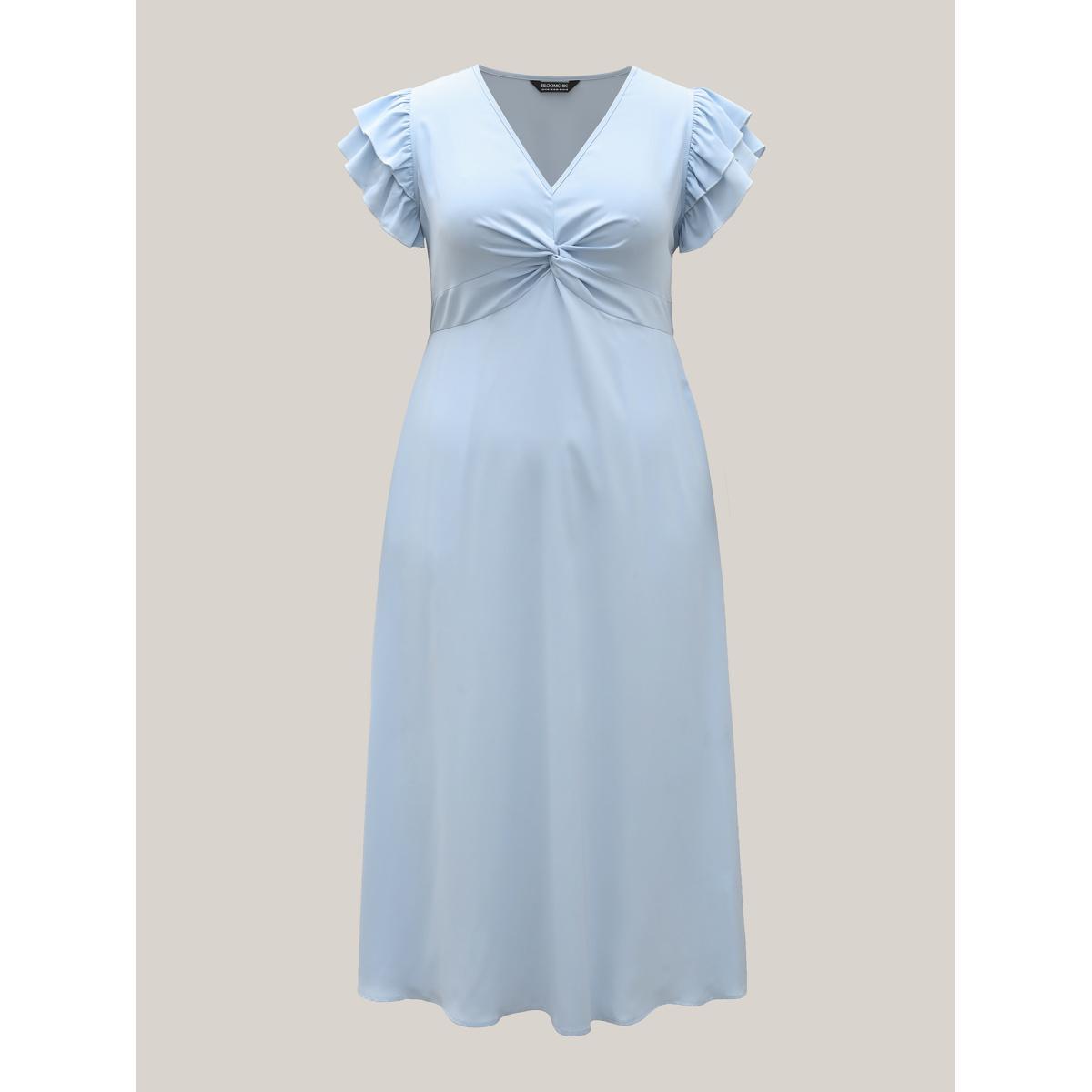 Plus Size Twist Front Woven A-Line Midi Dress LightBlue Women V-neck Sleeveless Curvy BloomChic 14-16/1X Product Image