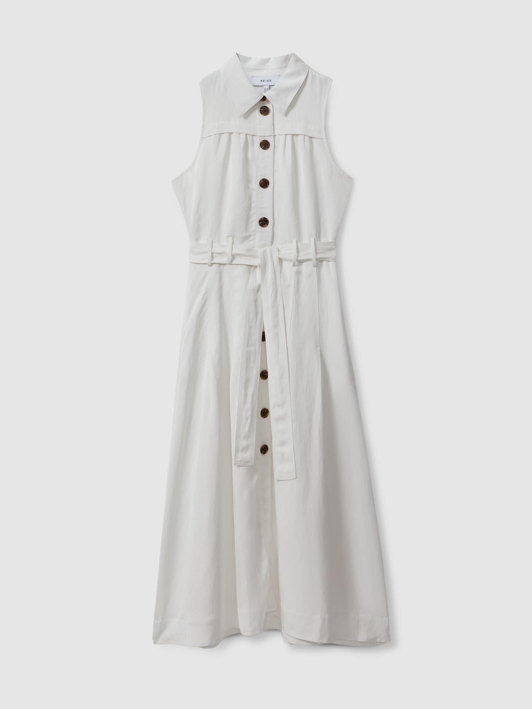Petite Viscose-Linen Belted Midi Dress in White Product Image