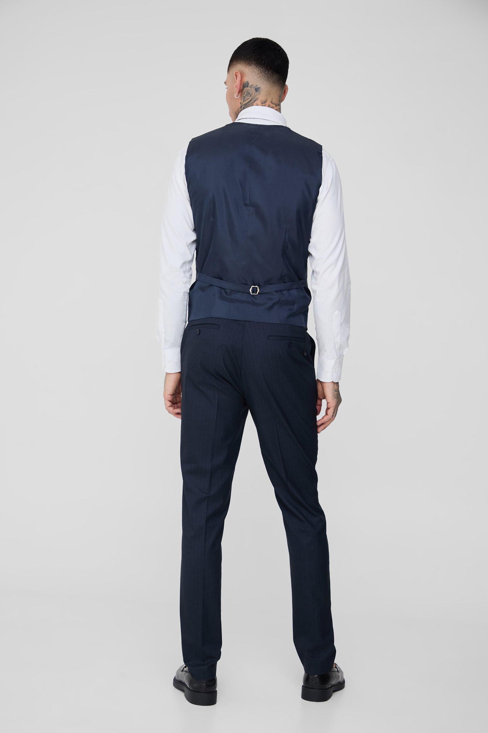 Tall Navy Pinstripe Vest | boohooMAN USA Product Image