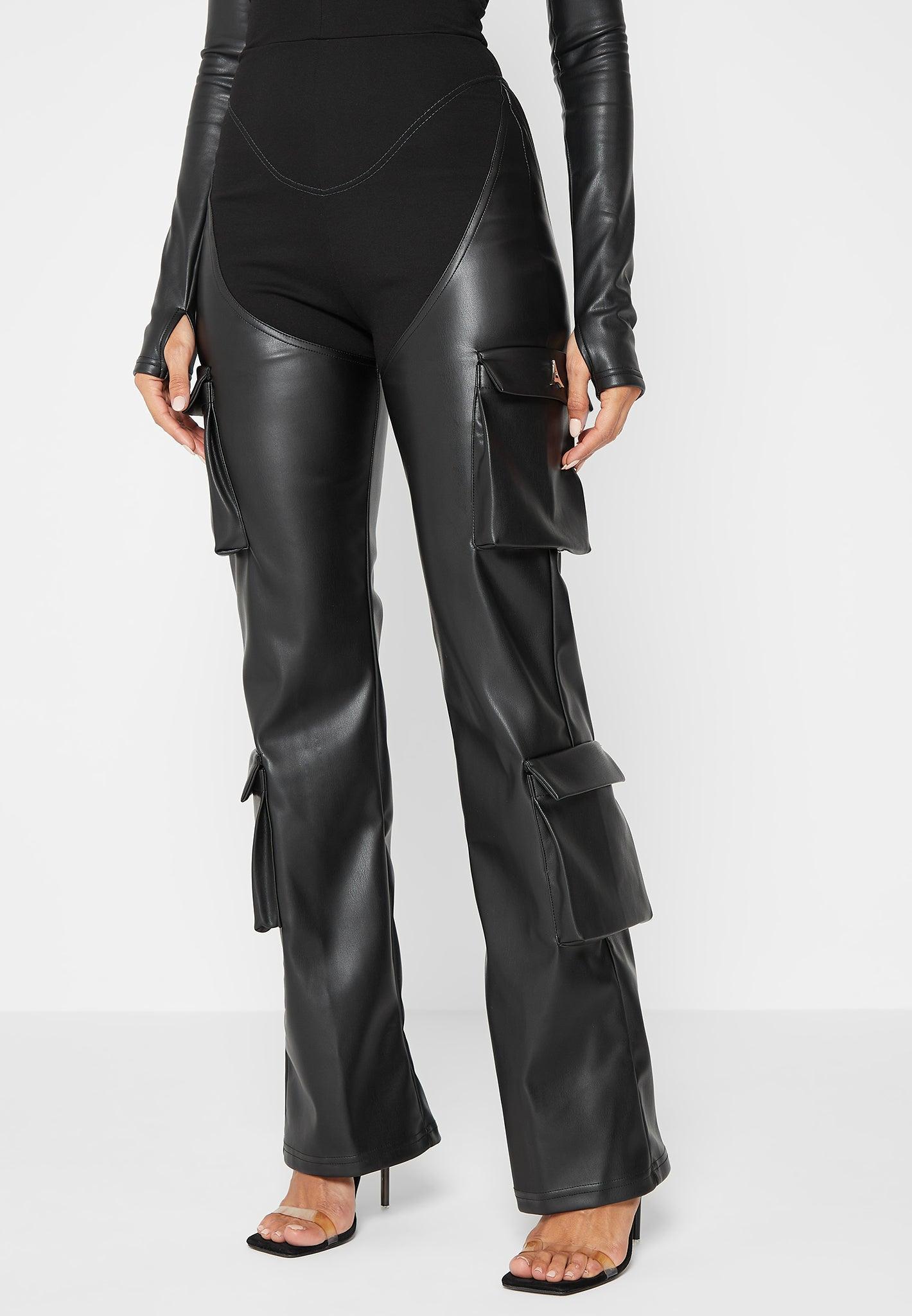 Bandage and Leather Racer Neck Cargo Pocket Jumpsuit - Black Female Product Image