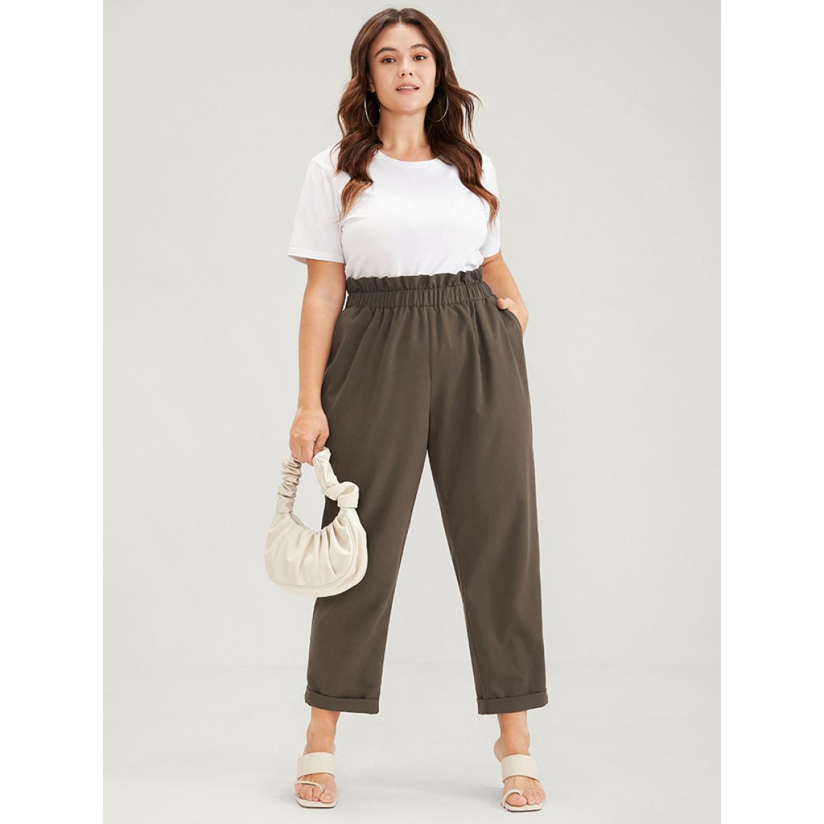 Plus Size Plain Elastic Waist Pocket Paperbag Waist Pants Women DarkBrown Elegant High Rise Dailywear Pants BloomChic 14-16/1X Product Image