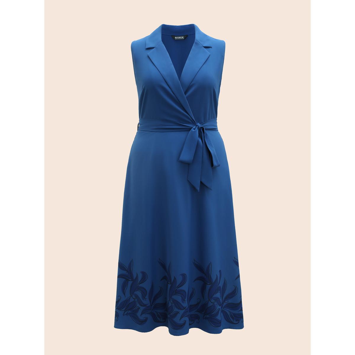 Plus Size Suit Collar Floral Belted Sleeveless Dress DarkBlue Women At the Office Belted Suit Collar Sleeveless Curvy BloomChic 28/5X Product Image