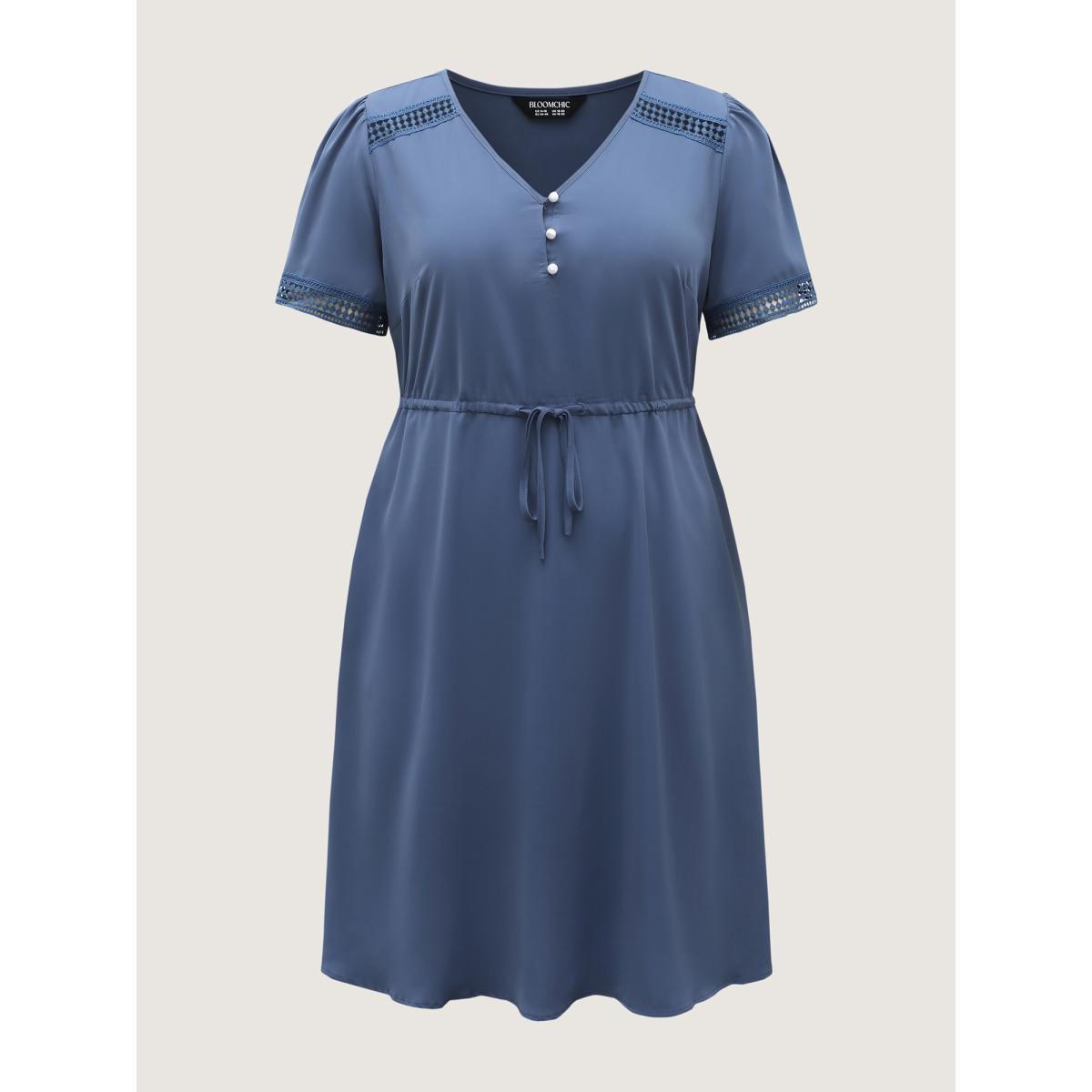 Plus Size Lace Trim Waist-Drawstring Solid Midi Dress Mediumblue Women V-neck Short sleeve Curvy BloomChic 18-20/2X Product Image