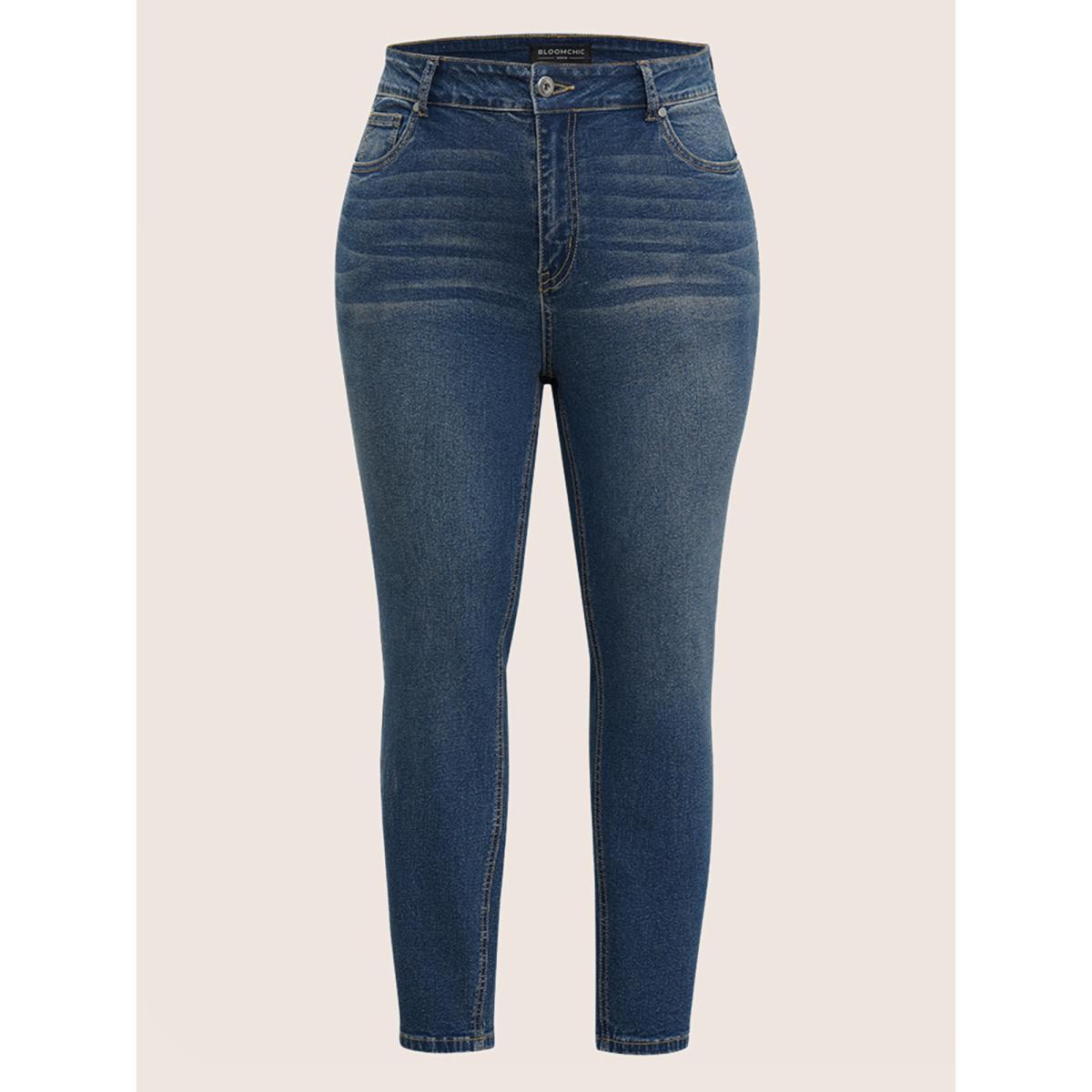Plus Size Very Stretchy High Rise Zipper Fly Skinny Jeans Women Blue Casual Plain Non High stretch Slanted pocket Jeans BloomChic 28/5X Product Image