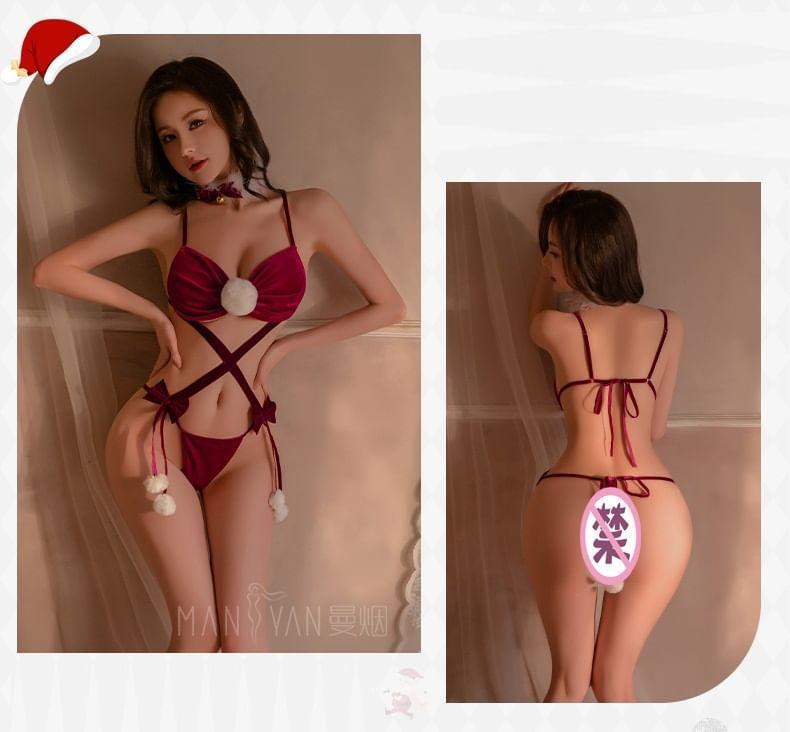 Set: Bow Pom Pom Cutout Teddy + Fluffy Choker Product Image
