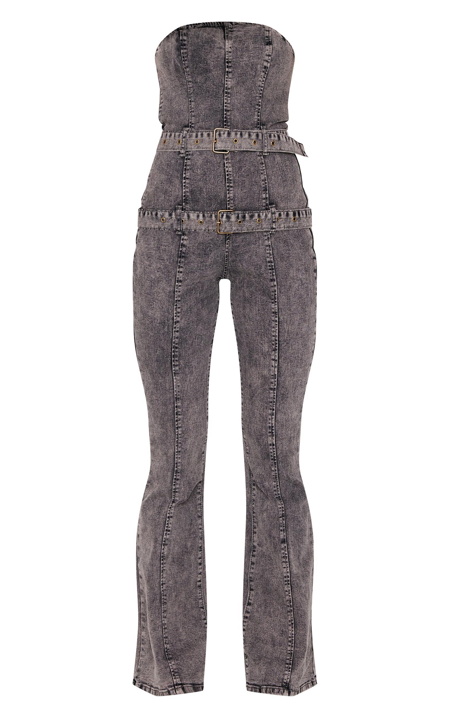 Washed Grey Buckle Detail Straight Leg Denim Jumpsuit Product Image