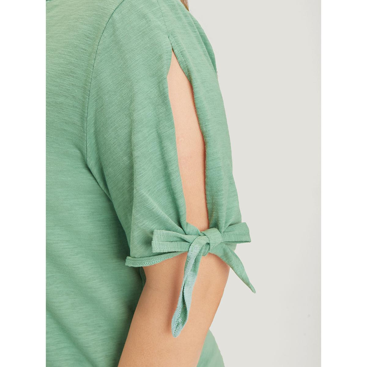 Plus Size Solid Button Up Notched Knot Sleeve Cut Out T-shirt Mint Women Casual Heather Plain Notched collar Dailywear T-shirts BloomChic 14-16/1X Product Image