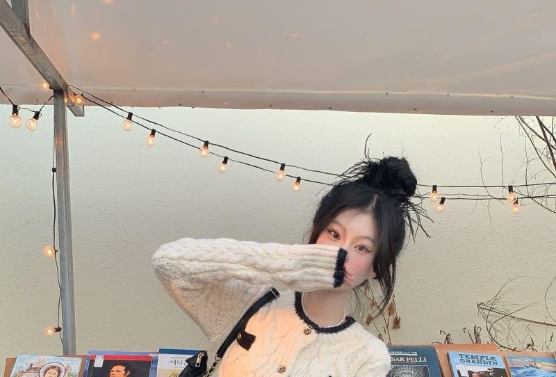 Crew Neck Two Tone Cable Knit Cardigan Product Image