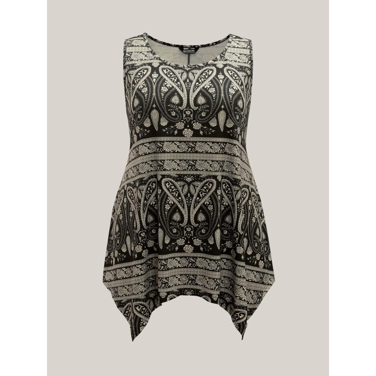Plus Size Boho Print Flared Tank Top Women Black Casual Asymmetrical Round Neck Everyday Tank Tops Camis BloomChic 26/4X Product Image
