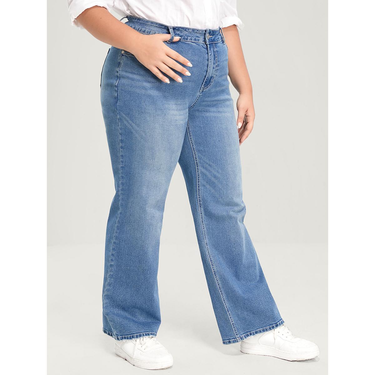 Plus Size Boyfriend Wide Leg Slightly Stretchy High Rise Medium Wash Jeans Women Stone Casual Plain Low stretch Pocket Jeans BloomChic 16/1X Product Image