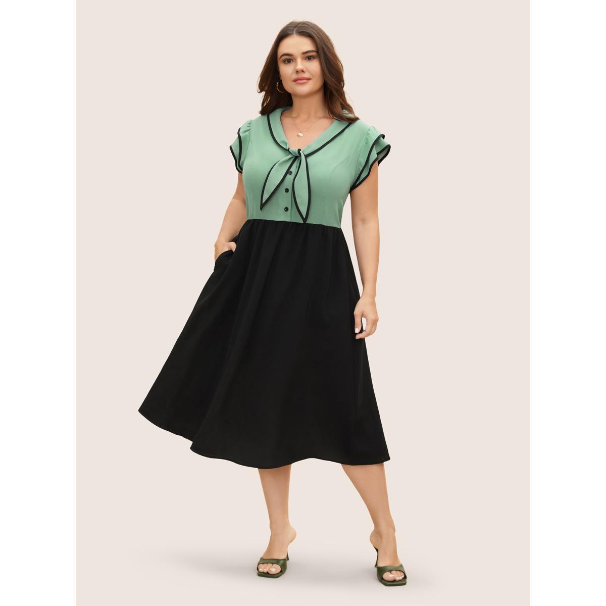 Plus Size Two-colored Knot Tie Midi Dress Palemauve Women Elegant Tie knot V-neck Cap Sleeve Curvy BloomChic 14-16/1X Product Image