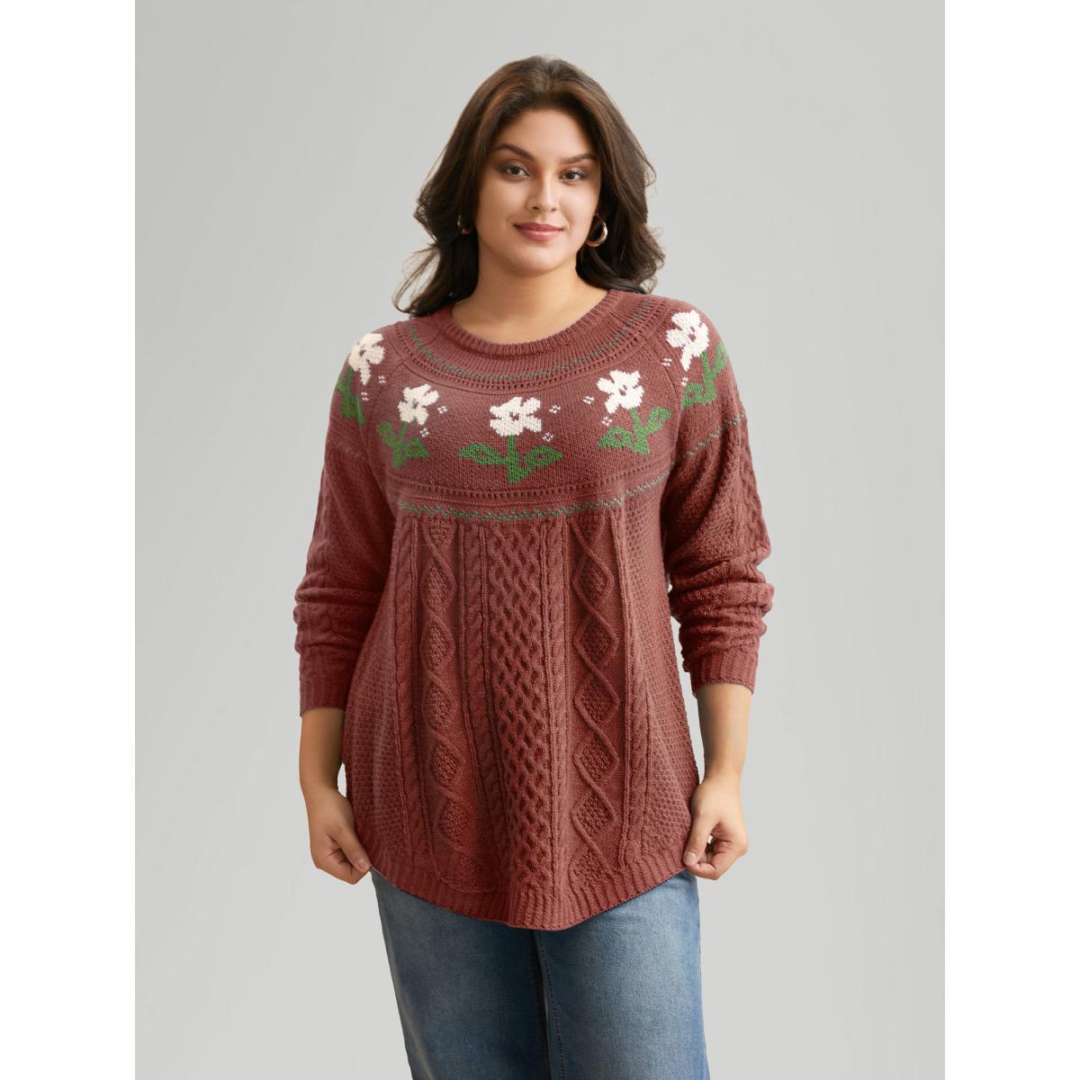 Plus Size Floral Jacquard Raglan Sleeve Pullover Russet Women Casual Long Sleeve Round Neck Everyday Pullovers BloomChic 10/M Product Image