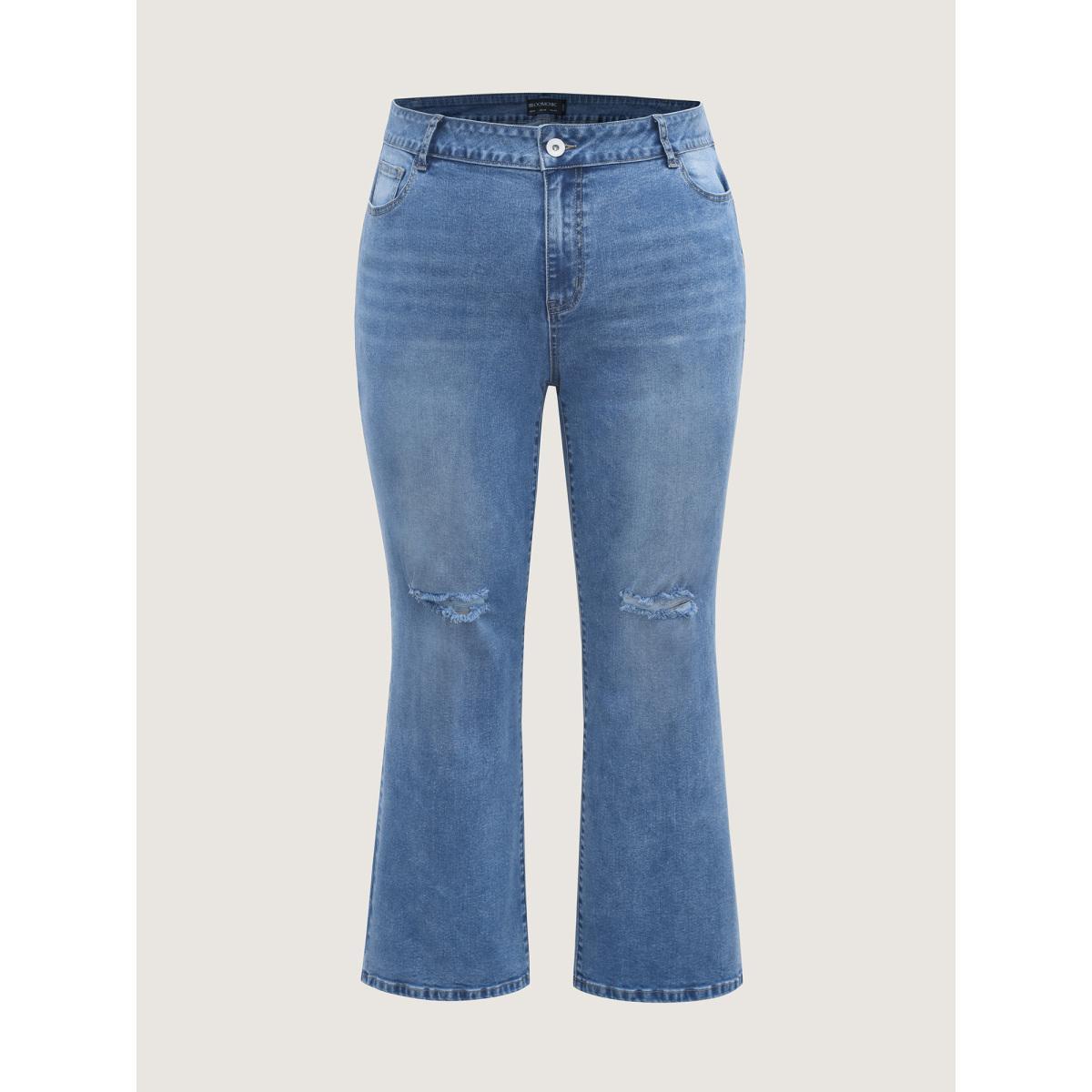 Plus Size Stretchy Ripped Flared Hem Jeans Women Midblue Medium stretch Slanted pocket Jeans BloomChic 26/4X Product Image
